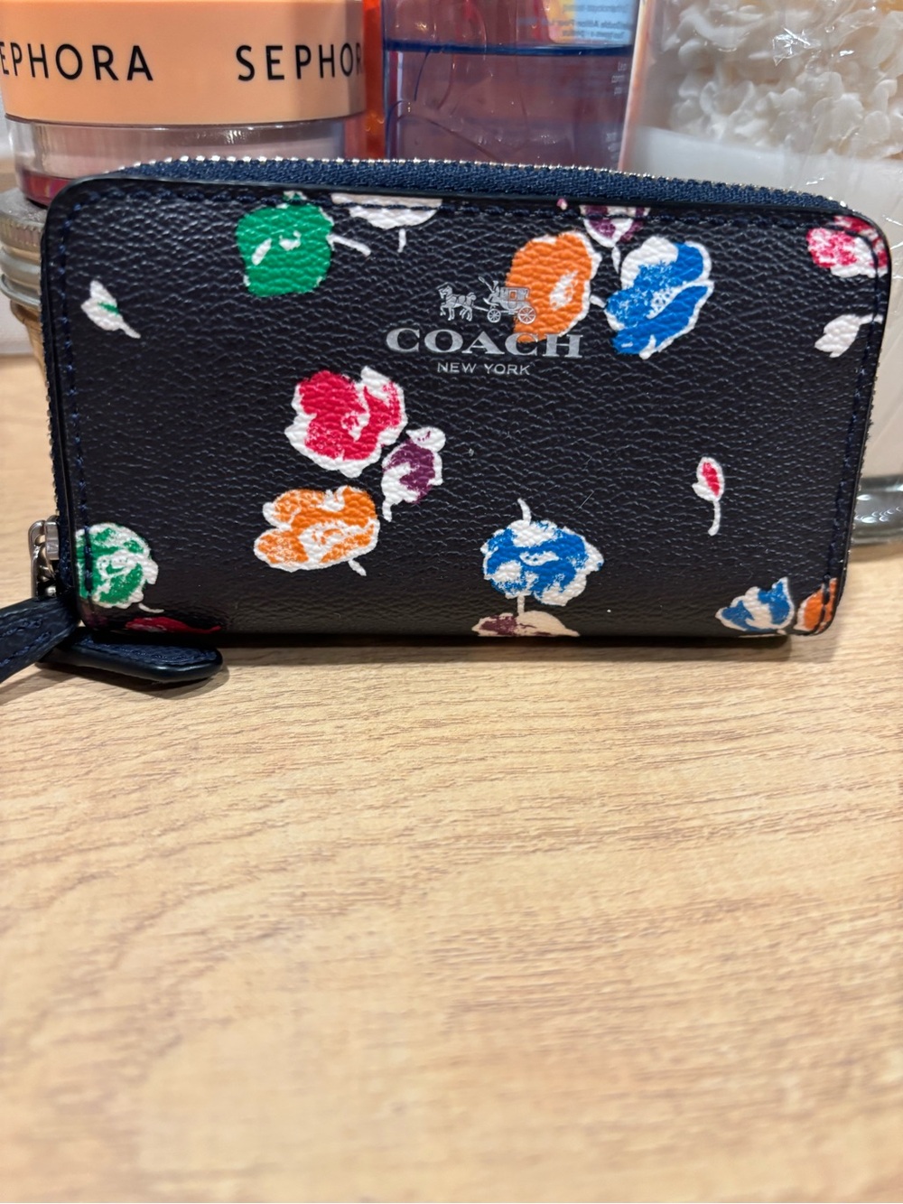 COACH Black Floral Zip Card Case with Multicolor Blooms